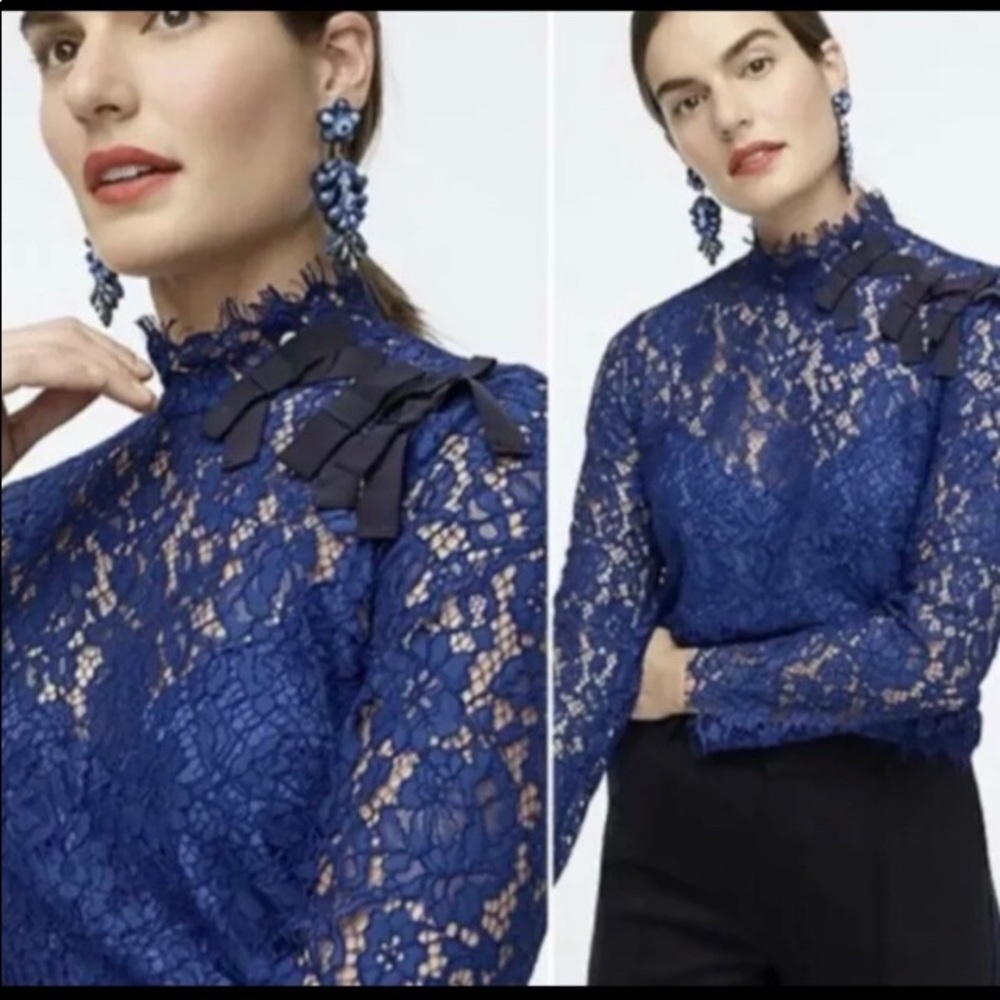 J Crew Blouse Blue Floral Lace Eyelash Hems Cami Lined Black Trim Small